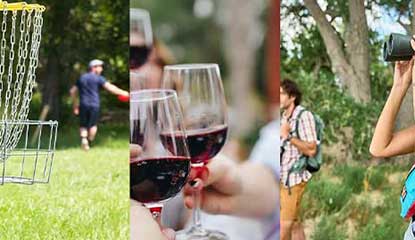 A montage of images featuring frisbee golf, wine glasses clinking, and a couple hiking with binoculars